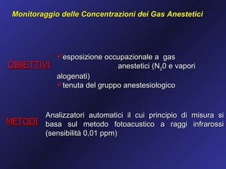 Monitoraggio delle Concentrazioni dei Gas Anestetici




          esposizione occupazionale a gas
OBIETTIVI                  anestetici (N20 e vapori
          alogenati)
          tenuta del gruppo anestesiologico



       Analizzatori automatici il cui principio di misura si
METODI basa sul metodo fotoacustico a raggi infrarossi
       (sensibilità 0,01 ppm)
 