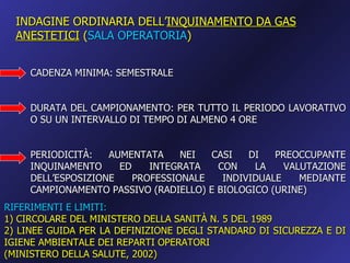 INDAGINE ORDINARIA DELL’INQUINAMENTO DA GAS
  ANESTETICI (SALA OPERATORIA)


     CADENZA MINIMA: SEMESTRALE


     DURATA DEL CAMPIONAMENTO: PER TUTTO IL PERIODO LAVORATIVO
     O SU UN INTERVALLO DI TEMPO DI ALMENO 4 ORE


     PERIODICITÀ:   AUMENTATA     NEI  CASI   DI   PREOCCUPANTE
     INQUINAMENTO     ED    INTEGRATA   CON    LA    VALUTAZIONE
     DELL’ESPOSIZIONE    PROFESSIONALE   INDIVIDUALE    MEDIANTE
     CAMPIONAMENTO PASSIVO (RADIELLO) E BIOLOGICO (URINE)
RIFERIMENTI E LIMITI:
1) CIRCOLARE DEL MINISTERO DELLA SANITÀ N. 5 DEL 1989
2) LINEE GUIDA PER LA DEFINIZIONE DEGLI STANDARD DI SICUREZZA E DI
IGIENE AMBIENTALE DEI REPARTI OPERATORI
(MINISTERO DELLA SALUTE, 2002)
 