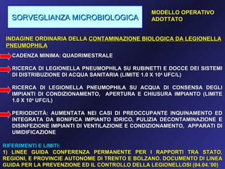 MODELLO OPERATIVO
  SORVEGLIANZA MICROBIOLOGICA                   ADOTTATO


 INDAGINE ORDINARIA DELLA CONTAMINAZIONE BIOLOGICA DA LEGIONELLA
 PNEUMOPHILA
   CADENZA MINIMA: QUADRIMESTRALE

   RICERCA DI LEGIONELLA PNEUMOPHILA SU RUBINETTI E DOCCE DEI SISTEMI
   DI DISTRIBUZIONE DI ACQUA SANITARIA (LIMITE 1.0 X 104 UFC/L)

   RICERCA DI LEGIONELLA PNEUMOPHILA SU ACQUA DI CONSENSA DEGLI
   IMPIANTI DI CONDIZIONAMENTO, APERTURA E CHIUSURA IMPIANTO (LIMITE
   1.0 X 104 UFC/L)

   PERIODICITÀ: AUMENTATA NEI CASI DI PREOCCUPANTE INQUINAMENTO ED
   INTEGRATA DA BONIFICA IMPIANTO IDRICO, PULIZIA DECONTAMINAZIONE E
   DISINFEZIONE IMPIANTI DI VENTILAZIONE E CONDIZIONAMENTO, APPARATI DI
   UMIDIFICAZIONE

RIFERIMENTI E LIMITI:
1) LINEE GUIDA CONFERENZA PERMANENTE PER I RAPPORTI TRA STATO,
REGIONI, E PROVINCIE AUTONOME DI TRENTO E BOLZANO. DOCUMENTO DI LINEA
GUIDA PER LA PREVENZIONE ED IL CONTROLLO DELLA LEGIONELLOSI (04.04.’00)
 