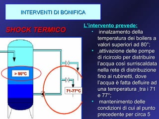 INTERVENTI DI BONIFICA

                            L’intervento prevede:
SHOCK TERMICO                   • innalzamento della
                                  temperatura dei boilers a
                                  valori superiori ad 80°;
                                • attivazione delle pompe
                                  di ricircolo per distribuire
                                  l’acqua così surriscaldata
                                  nella rete di distribuzione
 > 80°C
                                  fino ai rubinetti, dove
                                  l’acqua è fatta defluire ad
                  71-77°C         una temperatura tra i 71
                                  e 77°;
                                • mantenimento delle
                                  condizioni di cui al punto
                                  precedente per circa 5
 