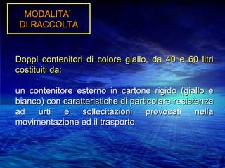 MODALITA’
 DI RACCOLTA


Doppi contenitori di colore giallo, da 40 e 60 litri
costituiti da:

un contenitore esterno in cartone rigido (giallo e
bianco) con caratteristiche di particolare resistenza
ad   urti   e    sollecitazioni    provocati     nella
movimentazione ed il trasporto
 