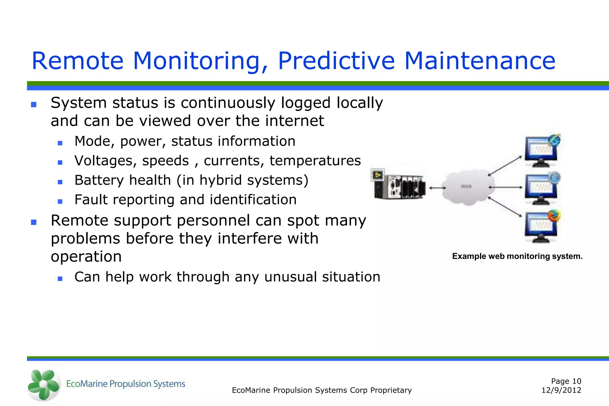 Remote Monitoring, Predictive Maintenance
   System status is continuously logged locally
    and can be viewed over the internet
       Mode, power, status information
       Voltages, speeds , currents, temperatures
       Battery health (in hybrid systems)
       Fault reporting and identification
   Remote support personnel can spot many
    problems before they interfere with
    operation                                                                 Example web monitoring system.

       Can help work through any unusual situation




                                                                                                    Page 10
                              EcoMarine Propulsion Systems Corp Proprietary                       12/9/2012
 
