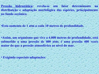 Pressão hidrostática : revela-se um fator determinante na distribuição e adaptação morfológica das espécies, principalmente no fundo oceânico. Esta aumenta de 1 atm a cada 10 metros de profundidade.  Assim, um organismo que vive a 4.000 metros de profundidade, está submetido a uma pressão de 400 atm; é uma pressão 400 vezes maior do que a pressão atmosférica ao nível do mar. Exigindo especiais adaptações . 