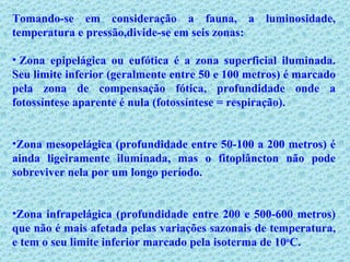 Tomando-se em consideração a fauna, a luminosidade, temperatura e pressão,divide-se em seis zonas:    Zona epipelágica ou eufótica é a zona superficial iluminada. Seu limite inferior (geralmente entre 50 e 100 metros) é marcado pela zona de compensação fótica, profundidade onde a fotossíntese aparente é nula (fotossíntese = respiração). Zona mesopelágica (profundidade entre 50-100 a 200 metros) é ainda ligeiramente iluminada, mas o fitoplâncton não pode sobreviver nela por um longo período.  Zona infrapelágica (profundidade entre 200 e 500-600 metros) que não é mais afetada pelas variações sazonais de temperatura, e tem o seu limite inferior marcado pela isoterma de 10 o C.  