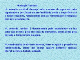 Zonação Vertical A zonação vertical abrange toda a massa de água marinha separando-a por faixas de profundidade desde a superfície até o fundo oceânico, relacionadas com as comunidades ecológicas que aí se estabelecem.  A zonação vertical é determinada pela intensidade da luz solar que recebe, pela presença de nutrientes, assim como pela pressão e temperatura da água. A combinação de diversos fatores, entre os quais a pressão e a luminosidade, criam nos mares quatro distintos biomas: litoral, nerítico, batial e abissal.  