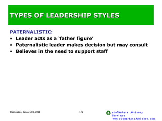 TYPES OF LEADERSHIP STYLES <ul><li>PATERNALISTIC: </li></ul><ul><li>Leader acts as a ‘father figure’ </li></ul><ul><li>Pat...