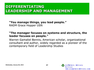DIFFERENTIATING  LEADERSHIP AND MANAGEMENT  <ul><li>“You manage things, you lead people.”  RADM Grace Hopper USN </li></ul...