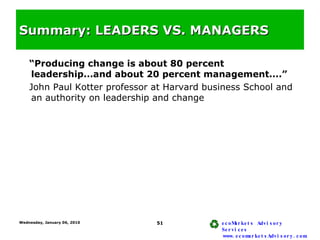 Summary: LEADERS VS. MANAGERS <ul><li>“Producing change is about 80 percent leadership...and about 20 percent management.....