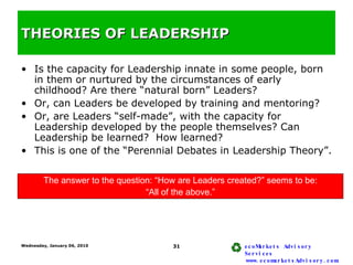 THEORIES OF LEADERSHIP <ul><li>Is the capacity for Leadership innate in some people, born in them or nurtured by the circu...