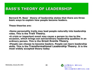 BASS’S THEORY OF LEADERSHIP  <ul><li>Bernard M. Bass'  theory of leadership states that there are three basic ways to expl...
