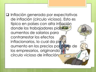  Inflación generada por expectativas
de inflación (circulo vicioso). Esto es
típico en países con alta inflación
donde los trabajadores piden
aumentos de salarios para
contrarrestar los efectos
inflacionarios, lo cual da pie al
aumento en los precios por parte de
los empresarios, originando un
círculo vicioso de inflación
 