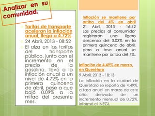 Inflación se mantiene por
arriba del 4% en abril
21 Abril, 2013 - 16:42
Los precios al consumidor
registraron una ligero
descenso del 0.03% en la
primera quincena de abril,
pero a tasa anual se
mantiene por arriba del 4%.
 Tarifas de transporte
aceleran la inflación
anual, llega a 4.72%
 24 Abril, 2013 - 08:52
 El alza en las tarifas
del transporte
público, junto con el
incremento en el
precio de la
gasolina, llevó a la
inflación anual a un
nivel de 4.72% en la
primera quincena
de abril, pese a que
bajó 0.09% a la
mitad del presente
mes.
Inflación de 4.49% en marzo,
en Querétaro
9 Abril, 2013 - 18:13
La inflación en la ciudad de
Querétaro se reportó de 4.49%,
a tasa anual en marzo de este
año, derivado de un
incremento mensual de 0.72%,
informó el INEGI.
 