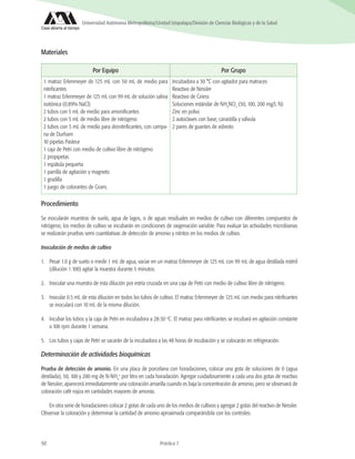 50 Práctica 7
Universidad Autónoma Metropolitana/Unidad Iztapalapa/División de Ciencias Biológicas y de la Salud
Materiales
Por Equipo Por Grupo
1 matraz Erlenmeyer de 125 mL con 50 mL de medio para
nitrificantes
1 matraz Erlenmeyer de 125 mL con 99 mL de solución salina
isotónica (0.89% NaCl)
2 tubos con 5 mL de medio para amonificantes
2 tubos con 5 mL de medio libre de nitrógeno
2 tubos con 5 mL de medio para desnitrificantes, con campa-
na de Durham
10 pipetas Pasteur
1 caja de Petri con medio de cultivo libre de nitrógeno
2 propipetas
1 espátula pequeña
1 parrilla de agitación y magneto
1 gradilla
1 juego de colorantes de Gram,
Incubadora a 30 °C con agitador para matraces
Reactivo de Nessler
Reactivo de Griess
Soluciones estándar de NH4
NO3
(50, 100, 200 mg/L N)
Zinc en polvo
2 autoclaves con base, canastilla y válvula
2 pares de guantes de asbesto
Procedimiento
Se inocularán muestras de suelo, agua de lagos, o de aguas residuales en medios de cultivo con diferentes compuestos de
nitrógeno; los medios de cultivo se incubarán en condiciones de oxigenación variable. Para evaluar las actividades microbianas
se realizarán pruebas semi cuantitativas de detección de amonio y nitritos en los medios de cultivo.
Inoculación de medios de cultivo
1.	 Pesar 1.0 g de suelo o medir 1 mL de agua, vaciar en un matraz Erlenmeyer de 125 mL con 99 mL de agua destilada estéril
(dilución 1:100) agitar la muestra durante 5 minutos.
2.	 Inocular una muestra de esta dilución por estría cruzada en una caja de Petri con medio de cultivo libre de nitrógeno.
3.	 Inocular 0.5 mL de esta dilución en todos los tubos de cultivo. El matraz Erlenmeyer de 125 mL con medio para nitrificantes
se inoculará con 10 mL de la misma dilución.
4.	 Incubar los tubos y la caja de Petri en incubadora a 28-30 o
C. El matraz para nitrificantes se incubará en agitación constante
a 100 rpm durante 1 semana.
5.	 Los tubos y cajas de Petri se sacarán de la incubadora a las 48 horas de incubación y se colocarán en refrigeración.
Determinación de actividades bioquímicas
Prueba de detección de amonio. En una placa de porcelana con horadaciones, colocar una gota de soluciones de 0 (agua
destilada), 50, 100 y 200 mg de N-NH4
+
por litro en cada horadación. Agregar cuidadosamente a cada una dos gotas de reactivo
de Nessler; aparecerá inmediatamente una coloración amarilla cuando es baja la concentración de amonio, pero se observará de
coloración café rojiza en cantidades mayores de amonio.
En otra serie de horadaciones colocar 2 gotas de cada uno de los medios de cultivos y agregar 2 gotas del reactivo de Nessler.
Observar la coloración y determinar la cantidad de amonio aproximada comparándola con los controles.
 