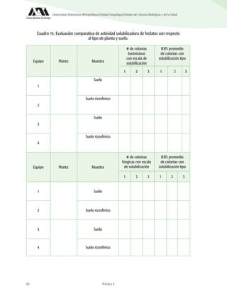 62
Universidad Autónoma Metropolitana/Unidad Iztapalapa/División de Ciencias Biológicas y de la Salud
Cuadro 15. Evaluación comparativa de actividad solubilizadora de fosfatos con respecto
al tipo de planta y suelo.
Equipo Planta: Muestra
# de colonias
bacterianas
con escala de
solubilización
IERS promedio
de colonias con
solubilización tipo
1 2 3 1 2 3
1
Suelo
2
Suelo rizosférico
3
Suelo
4
Suelo rizosférico
Equipo Planta: Muestra
# de colonias
fúngicas con escala
de solubilización
IERS promedio
de colonias con
solubilización tipo
1 2 3 1 2 3
1 Suelo
2 Suelo rizosférico
3 Suelo
4 Suelo rizosférico
Práctica 9
 
