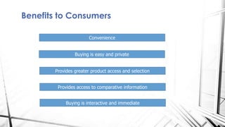 Benefits to Consumers
Convenience
Buying is easy and private
Provides greater product access and selection
Provides access to comparative information
Buying is interactive and immediate
 