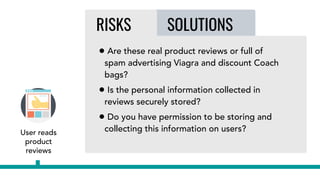 User reads
product
reviews
SOLUTIONSRISKS
• Are these real product reviews or full of
spam advertising Viagra and discount Coach
bags?
• Is the personal information collected in
reviews securely stored?
• Do you have permission to be storing and
collecting this information on users?
 