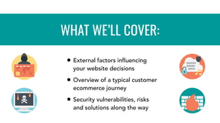 • External factors influencing
your website decisions
• Overview of a typical customer
ecommerce journey
• Security vulnerabilities, risks
and solutions along the way
WHAT WE’LL COVER:
 