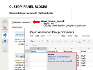CUSTOM PANEL BLOCKS
Comment display panel with highlight buttons


                              Views_bonus_export:
                              • Export xml
                              • Display views feed in google spreadsheet
 