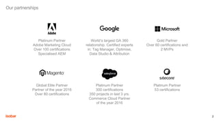 Our partnerships
2
Platinum Partner
Adobe Marketing Cloud
Over 100 certifications
Specialised AEM
World’s largest GA 360
relationship. Certified experts
in: Tag Manager, Optimise,
Data Studio & Attribution
Gold Partner
Over 60 certifications and
2 MVPs
Platinum Partner
53 certifications
Platinum Partner
300 certifications
350 projects in last 3 yrs.
Commerce Cloud Partner
of the year 2016
Global Elite Partner
Partner of the year 2016
Over 80 certifications
 