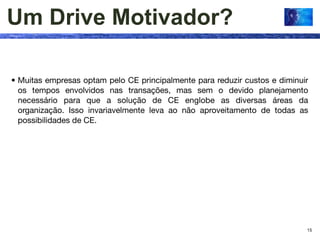Um Drive Motivador?

• Muitas empresas optam pelo CE principalmente para reduzir custos e diminuir
  os tempos envolvidos nas transações, mas sem o devido planejamento
  necessário para que a solução de CE englobe as diversas áreas da
  organização. Isso invariavelmente leva ao não aproveitamento de todas as
  possibilidades de CE.




                                                                            15
 