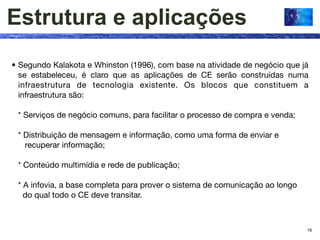 Estrutura e aplicações
• Segundo Kalakota e Whinston (1996), com base na atividade de negócio que já
  se estabeleceu, é claro que as aplicações de CE serão construídas numa
  infraestrutura de tecnologia existente. Os blocos que constituem a
  infraestrutura são:

 * Serviços de negócio comuns, para facilitar o processo de compra e venda;

 * Distribuição de mensagem e informação, como uma forma de enviar e
   recuperar informação;

 * Conteúdo multimídia e rede de publicação;

 * A infovia, a base completa para prover o sistema de comunicação ao longo
   do qual todo o CE deve transitar.



                                                                              16
 