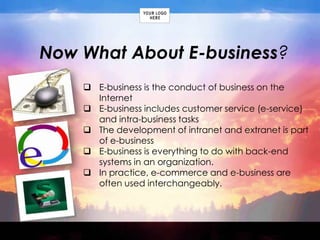 electronic commerce has been re defined by the dynamics of the Internet and traditional e-commerce is rapidly moving to the Internet.Now What About E-business?E-business is the conduct of business on the Internet