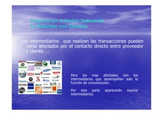 Impacto en el Sector Industrial
    La Relación con Clientes


Los intermediarios que realizan las transacciones pueden
  verse afectados por el contacto directo entre proveedor
  y cliente…..




                       Pero los mas afectados son los
                       intermediarios que desempeñan solo la
                       función de comunicación.

                       Por otra parte    aparecerán   nuevos
                       intermediarios.
 