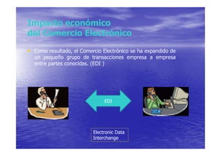 Impacto económico
del Comercio Electrónico

• Como resultado, el Comercio Electrónico se ha expandido de
  un pequeño grupo de transacciones empresa a empresa
  entre partes conocidas. (EDI )




                               EDI




                          Electronic Data
                          Interchange
 