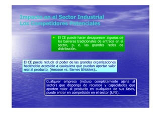 Impacto en el Sector Industrial
Los Competidores Potenciales

                   • El CE puede hacer desaparecer algunas de
                      las barreras tradicionales de entrada en el
                      sector, p. e. las grandes redes de
                      distribución.


 El CE puede reducir el poder de las grandes organizaciones
 haciéndolo accesible a cualquiera que puedan aportar valor
 real al producto, (Amazon vs. Barnes &Nobles)..


               Cualquier empresa (incluso completamente ajena al
               sector) que disponga de recursos y capacidades que
               aporten valor al producto en cualquiera de sus fases,
               puede entrar en competición en el sector (UPS).
 