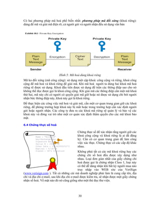 Có hai phương pháp mã hoá phổ biến nhất: phương pháp mã đối xứng (khoá riêng):
dùng để mã và giải mã điện rõ, cả người gửi và người nhận đều sử dụng văn bản




                           Hình 5: Mã hoá dùng khoá riêng
Mã ko đối xứng (mã công cộng): sử dụng một cặp khoá: công cộng và riêng, khoá công
cộng để mã hoá và khoá riêng để giải mã. Khi mã hoá người ta dùng hai khoá mã hoá
riêng rẽ được sử dụng. Khoá đầu tiên được sử dụng để trộn các thông điệp sao cho nó
không thể đọc được gọi là khoá công cộng. Khi giải mã các thông điệp cần một mã khoá
thứ hai, mã này chỉ có người có quyền giải mã giữ hoặc nó được sử dụng chỉ bởi người
nhận bức thông điệp này, khoá này gọi là khoá riêng.
Ðể thực hiện các công việc mã hoá và giải mã, cần một cơ quan trung gian giữ các khoá
riêng, đề phòng trường hợp khoá này bị mất hoặc trong trường hợp cần xác định người
gửi hoặc người nhận. Các công ty đưa ra các khoá mã riêng sẽ quản lý và bảo vệ các
khoá này và đóng vai trò như một cơ quản xác định thẩm quyền cho các mã khoá bảo
mật.

6.4 Chứng thực số hoá

                                          Chứng thực số để xác nhận rằng người giữ các
         Name : “Richard”                 khoá công cộng và khoá riêng là ai đã đăng
         key-Exchange Key :               ký. Cần có cơ quan trung gian để làm công
         Signature Key :
         Serial # : 29483756              việc xác thực. Chứng thực có các cấp độ khác
         Other Data : 10236283025273      nhau.
         Expires : 6/18/04
         Signed : CA’s Signature            Không phải tất cả các mã khoá riêng hay các
                                            chứng chỉ số hoá đều được xây dựng như
                                            nhau. Loại đơn giản nhất của giấy chứng chỉ
                                            hoá được gọi là chứng nhận Class 1, loại này
                                            có thể dễ dàng nhận khi bất kỳ người mua nào
                                            truy nhập vào WEB site của VeriSign
(www.verisign.com ). Tất cả những cái mà doanh nghiệp phải làm là cung cấp tên, địa
chỉ và địa chỉ e-mail, sau khi địa chỉ e-mail được kiểm tra, sẽ nhận được một giấy chứng
nhận số hoá. Về mặt nào đó nó cũng giống như một thẻ đọc thư viện.



                                          30
 
