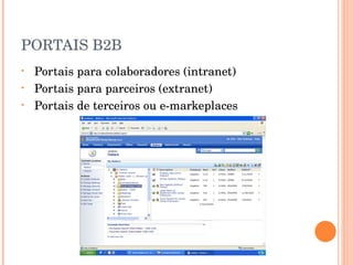 PORTAIS B2B Portais para colaboradores (intranet) Portais para parceiros (extranet) Portais de terceiros ou e-markeplaces 
