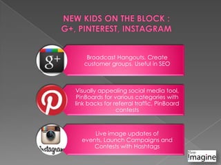 Broadcast Hangouts, Create
customer groups, Useful in SEO
Visually appealing social media tool,
PinBoards for various categories with
link backs for referral traffic, PinBoard
contests
Live image updates of
events, Launch Campaigns and
Contests with Hashtags
 