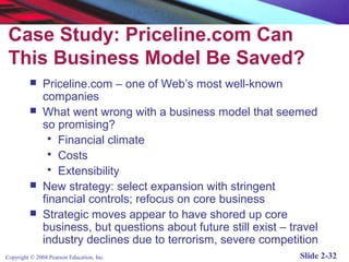 Case Study: Priceline.com Can
This Business Model Be Saved?






Priceline.com – one of Web’s most well-known
companies
What went wrong with a business model that seemed
so promising?
 Financial climate
 Costs
 Extensibility
New strategy: select expansion with stringent
financial controls; refocus on core business
Strategic moves appear to have shored up core
business, but questions about future still exist – travel
industry declines due to terrorism, severe competition

Copyright © 2004 Pearson Education, Inc.

Slide 2-32

 