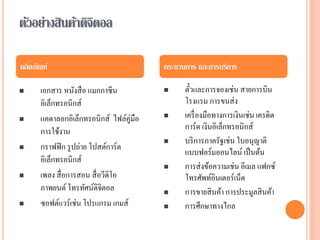 ตัวอย่างสินค้าดิจิตอล
 เอกสาร หนังสือ แมกกาซีน
อิเล็กทรอนิกส์
 แคตาลอกอิเล็กทรอนิกส์ ไฟล์คู่มือ
การใช้งาน
 กราฟฟิก รูปถ่าย โปสต์การ์ด
อิเล็กทรอนิกส์
 เพลง สื่อการสอน สื่อวีดิโอ
ภาพยนต์โทรทัศน์ดิจิตอล
 ซอฟต์แวร์เช่น โปรแกรม เกมส์
 ตั๋วและการจองเช่น สายการบิน
โรงแรม การขนส่ง
 เครื่องมือทางการเงินเช่น เครดิต
การ์ด เงินอิเล็กทรอนิกส์
 บริการภาครัฐเช่น ใบอนุญาติ
แบบฟอร์มออนไลน์ เป็นต้น
 การส่งข้อความเช่น อีเมล แฟกซ์
โทรศัพท์อินเตอร์เน็ต
 การขายสินค้า การประมูลสินค้า
 การศึกษาทางไกล
ผลิตภัณฑ์ กระบวนการ และการบริการ
 