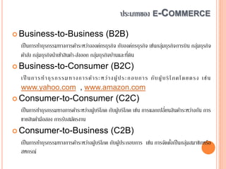 ประเภทของ E-COMMERCE
 Business-to-Business (B2B)
เป็นการทาธุรกรรมทางการค้าระหว่างองค์กรธุรกิจ กับองค์กรธุรกิจ เช่นกลุ่มธุรกิจการบิน กลุ่มธุรกิจ
ค้าส่ง กลุ่มธุรกิจนาเข้าสินค้า-ส่งออก กลุ่มธุรกิจบ้านและที่ดิน
 Business-to-Consumer (B2C)
เป็ นการทาธุรกรรมทางการค้าระหว่างผู้ประกอบการ กับผู้บริโภคโดยตรง เช่น
www.yahoo.com , www.amazon.com
 Consumer-to-Consumer (C2C)
เป็นการทาธุรกรรมทางการค้าระหว่างผู้บริโภค กับผู้บริโภค เช่น การแลกเปลี่ยนสินค้าระหว่างกัน การ
ขายสินค้ามือสอง การรับสมัครงาน
 Consumer-to-Business (C2B)
เป็นการทาธุรกรรมทางการค้าระหว่างผู้บริโภค กับผู้ประกอบการ เช่น การจัดตั้งเป็นกลุ่มสมาชิกหรือ
สหกรณ์
 