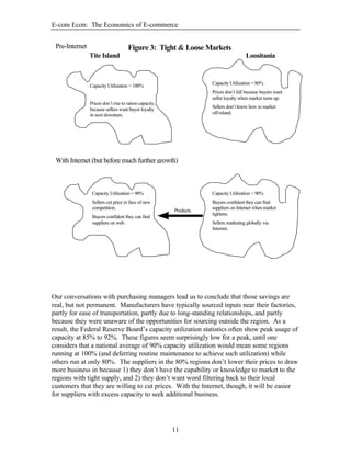 E-com Econ: The Economics of E-commerce
11
Pre-Internet
Tite Island Loositania
With Internet (but before much further growth)
Capacity Utilization = 100%
Prices don’t rise to ration capacity,
because sellers want buyer loyalty
in next downturn.
Capacity Utilization = 80%
Prices don’t fall because buyers want
seller loyalty when market turns up.
Sellers don’t know how to market
off-island.
Capacity Utilization = 90%
Sellers cut price in face of new
competition.
Buyers confident they can find
suppliers on web.
Capacity Utilization = 90%
Buyers confident they can find
suppliers on Internet when market
tightens.
Sellers marketing globally via
Internet.
Products
Figure 3: Tight & Loose Markets
Our conversations with purchasing managers lead us to conclude that those savings are
real, but not permanent. Manufacturers have typically sourced inputs near their factories,
partly for ease of transportation, partly due to long-standing relationships, and partly
because they were unaware of the opportunities for sourcing outside the region. As a
result, the Federal Reserve Board’s capacity utilization statistics often show peak usage of
capacity at 85% to 92%. These figures seem surprisingly low for a peak, until one
considers that a national average of 90% capacity utilization would mean some regions
running at 100% (and deferring routine maintenance to achieve such utilization) while
others run at only 80%. The suppliers in the 80% regions don’t lower their prices to draw
more business in because 1) they don’t have the capability or knowledge to market to the
regions with tight supply, and 2) they don’t want word filtering back to their local
customers that they are willing to cut prices. With the Internet, though, it will be easier
for suppliers with excess capacity to seek additional business.
 