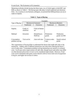 E-com Econ: The Economics of E-commerce
7
Marketing textbooks divide buying into three types, two of which apply to both B2C and
B2B, as shown in Table 2. The buying types take place in both traditional and electronic
form. As a courtesy to our business colleagues, we pretend that B2B purchases are never
made on impulse.
Table 2: Types of Buying
Examples
Type of Buying Business to Consumer Business to Business
Traditional Electronic Traditional Electronic
Impulse Candy at
checkout
Click on banner
ad
Habitual Groceries HomeGrocer,
WebVan
Production
goods
Production
goods via EDI
Consumption
problem solving
Visit car lot Auto web sites Listen to sales
reps
Search vertical
portal
This segmentation of buying helps to understand the factors that might add value to the
transaction. Adding value to habitual transactions can come from reducing the buyer’s
cost of order entry. Consumption problem solving transactions are sensitive to research
costs. In all cases, price improvement will add value, though buyers and sellers may differ
on what direction prices have to move to be considered improvement. However, if real
costs can be eliminated, then gains can be shared to deliver lower total cost of acquisition
to buyers, and higher net revenue to sellers.
 
