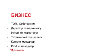 БИЗНЕС
ТОП / Собственник
Директор по маркетингу
Интернет-маркетолог
Технический специалист
Контент-менеджер
Product менеджер
-
-
-
-
-
-
 