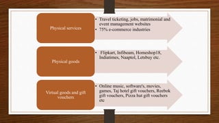 • Travel ticketing, jobs, matrimonial and
event management websites
• 75% e-commerce industriesPhysical services
• Flipkart, Infibeam, Homeshop18,
Indiatimes, Naaptol, Letsbuy etc.
Physical goods
• Online music, software's, movies,
games, Taj hotel gift vouchers, Reebok
gift vouchers, Pizza hut gift vouchers
etc
Virtual goods and gift
vouchers
 
