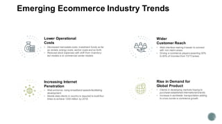 Emerging Ecommerce Industry Trends
Lower Operational
Costs
• Decreased real estate costs; investment funds as far
as rentals, energy costs, worker costs and so forth.
• Reduced stock expenses with shift from inventory-
led models is to commercial center models.
Increasing Internet
Penetration
• Web entrance, rising broadband speedsfacilitating
development.
• Mobile data clients in country is required to build four
times to achieve 1200 million by 2018.
Wider
Customer Reach
• Web interface making it easier to connect
with non metro areas.
• Driving e commerce players asserting 50%
to 60% of incomes from T2/T3 areas.
Rise in Demand for
Global Product
• Clients in developing markets hoping to
purchase established international brands.
• Increase in worldwide transportation adding
to cross border e-commerce growth.
5
 