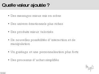 Quelle valeur ajoutée ? Des messages mieux mis en scène Des univers émotionnels plus riches Des produits mieux valorisés De nouvelles possibilités d’interaction et de manipulation Un guidage et une personnalisation plus forts Des processus d’achat simplifiés 