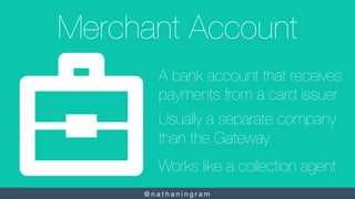 @ n a t h a n i n g r a m 
Merchant Account
A bank account that receives
payments from a card issuer

Usually a separate c...