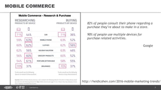5CONFIDENTIAL
MOBILE COMMERCE
82% of people consult their phone regarding a
purchase they’re about to make in a store.
90% of people use multiple devices for
purchase related activities.
Google
http://heidicohen.com/2016-mobile-marketing-trends/
 
