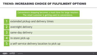 7CONFIDENTIAL
TREND: INCREASING CHOICE OF FULFILMENT OPTIONS
extended pickup and delivery times1
overnight delivery2
same-day delivery3
in-store pick-up4
a self-service delivery location to pick up5
Convenience shopping becomes a must-have for large retailers
The retail customer is getting used to convenience.
 