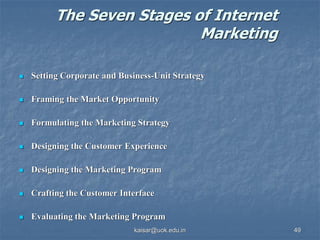 The Seven Stages of Internet
Marketing
 Setting Corporate and Business-Unit Strategy
 Framing the Market Opportunity
 Formulating the Marketing Strategy
 Designing the Customer Experience
 Designing the Marketing Program
 Crafting the Customer Interface
 Evaluating the Marketing Program
kaisar@uok.edu.in 49
 