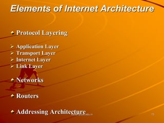 Elements of Internet Architecture
Protocol Layering
 Application Layer
 Transport Layer
 Internet Layer
 Link Layer
Networks
Routers
Addressing Architecture
kaisar@uok.edu.in 73
 