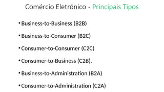 Comércio Eletrónico - Principais Tipos
•Business-to-Business (B2B)
•Business-to-Consumer (B2C)
•Consumer-to-Consumer (C2C)
•Consumer-to-Business (C2B).
•Business-to-Administration (B2A)
•Consumer-to-Administration (C2A)
 