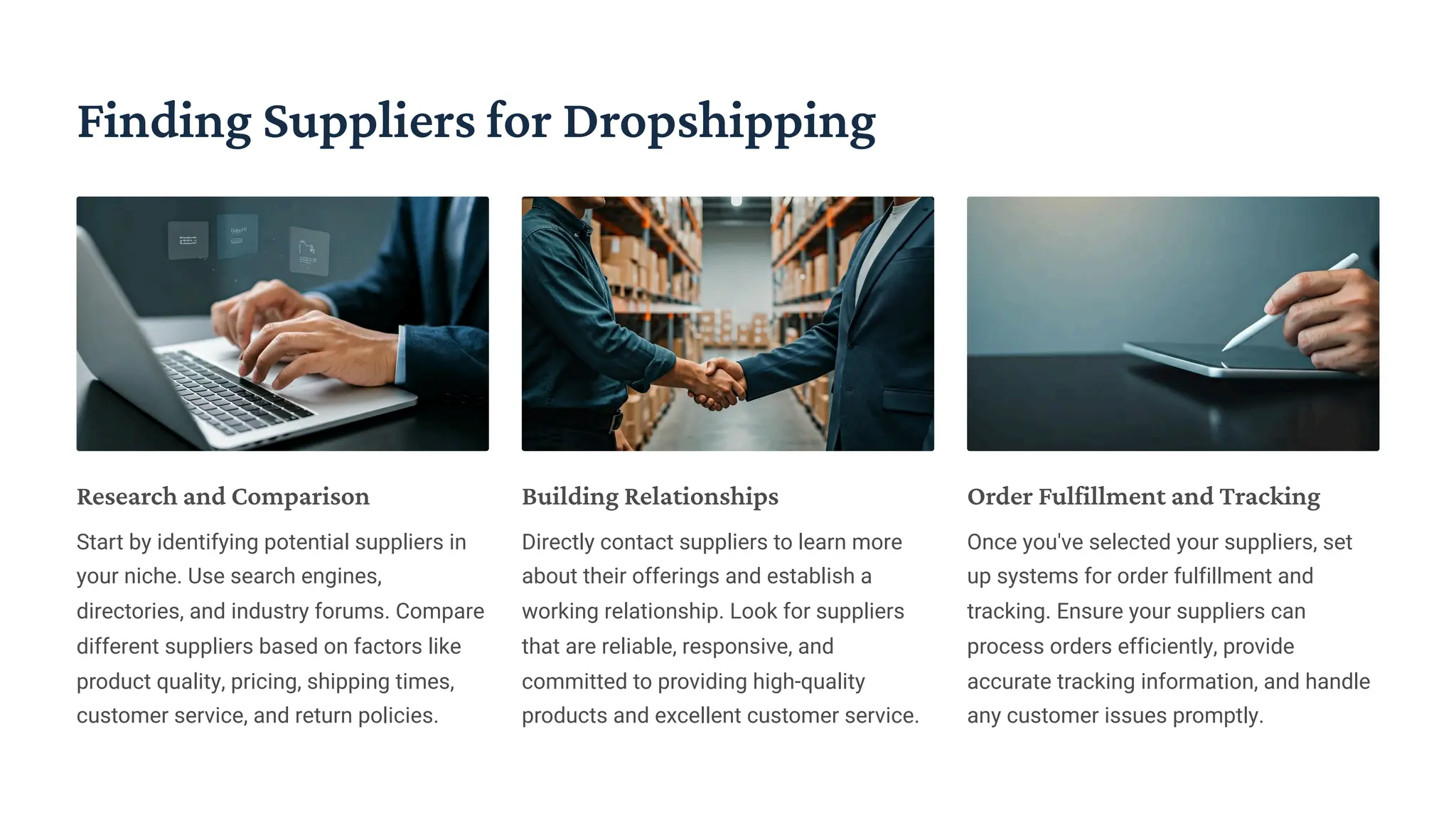 Finding Suppliers for Dropshipping
Research and Comparison
Start by identifying potential suppliers in
your niche. Use search engines,
directories, and industry forums. Compare
different suppliers based on factors like
product quality, pricing, shipping times,
customer service, and return policies.
Building Relationships
Directly contact suppliers to learn more
about their offerings and establish a
working relationship. Look for suppliers
that are reliable, responsive, and
committed to providing high-quality
products and excellent customer service.
Order Fulfillment and Tracking
Once you've selected your suppliers, set
up systems for order fulfillment and
tracking. Ensure your suppliers can
process orders efficiently, provide
accurate tracking information, and handle
any customer issues promptly.
 