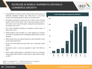 For updated information, please visit www.ibef.orgE-Commerce24
INCREASE IN MOBILE SHIPMENTS DRIVING E-
COMMERCE GROWTH
India’s Smartphone Shipments (millions)
8.0
14.5
17.5
42.5
79.5
102.0
108.0
92.5
0
20
40
60
80
100
120
2010
2011
2012
2013
2014
2015
2016
2017*
 The proliferation of mobile devices combined with internet access via
affordable broadband solutions and mobile data is a key factor
driving the tremendous growth in India’s e-commerce sector.
 Smartphone shipments in India stood at 27 million units in the first
quarter of 2017 and 28 million units in the second quarter of 2017,
37.5 million units in the third quarter, taking the total shipments to
92.5million units in 2017.*
 The overall smartphone shipment is expected to reach nearly 1.6
billion units in 2017.
 Mobile platforms have emerged as a major gateway for customer
purchases as smartphones are increasingly replacing PCs for online
shopping.
 Offline brands have now started focusing on online channels as well
to gain extra market share.
 65 per cent of the people who shop online, do so using their mobile
phones.
 Smartphone users in India are expected to reach 700 million by
2020.
 India's mobile wallet industry is estimated to grow at a compound
annual growth rate (CAGR) of 148 per cent to reach US$ 4.4 billion
by 2022. ^
Source: IMF, World Bank, International Data Corporation (IDC)
Notes: * As of September 2017, ^ - 'World Payment Report 2017' by Capgemini.
 
