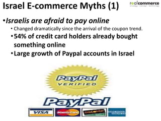 Israel E-commerce Myths (1)
•Israelis are afraid to pay online
  • Changed dramatically since the arrival of the coupon trend.
  •54% of credit card holders already bought
   something online
  •Large growth of Paypal accounts in Israel
 